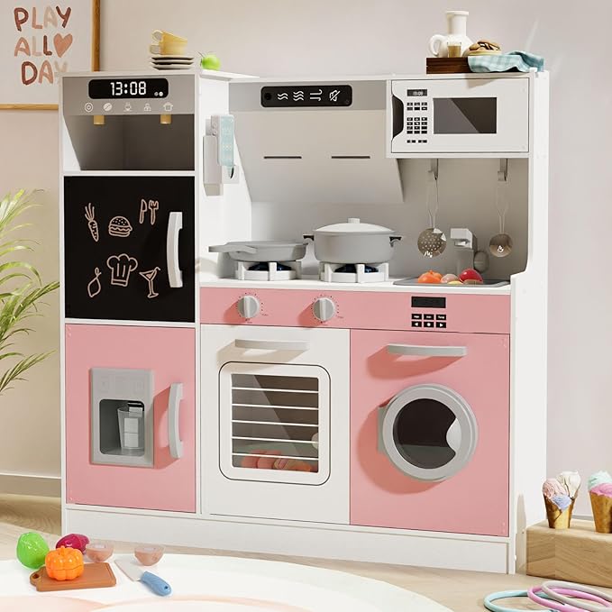 BIERUM Play Kitchen with Realistic Lights & Sounds, Wooden Kitchen Playset with 28 Pcs Toy Food & Cookware Accessories, Toy Kitchen with Plenty of Play Features, Idea Gift for Boys and Girls Ages 3+