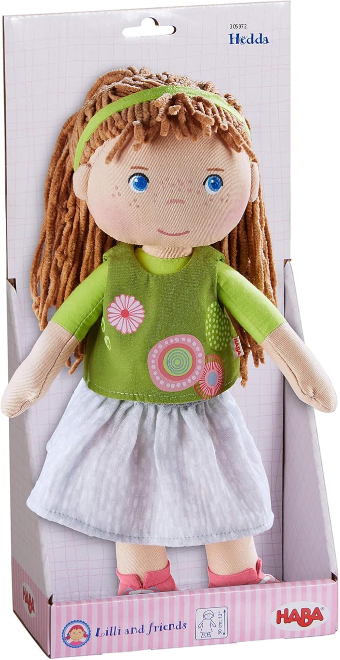 HABA Hedda - 12" Soft Doll with Brown Hair, Blue Eyes and Embroidered Face for Ages 18 Months and Up