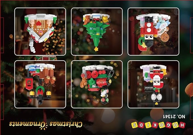 HOGOKIDS Christmas Building Sets with Lights - 6 Pack Christmas Tree Ornaments Santa Claus Gingerbread House Nutcracker Elk Building Toys Festival Decor Gifts for Adult Kids Boy Girl 6-12 Year(566PCS)