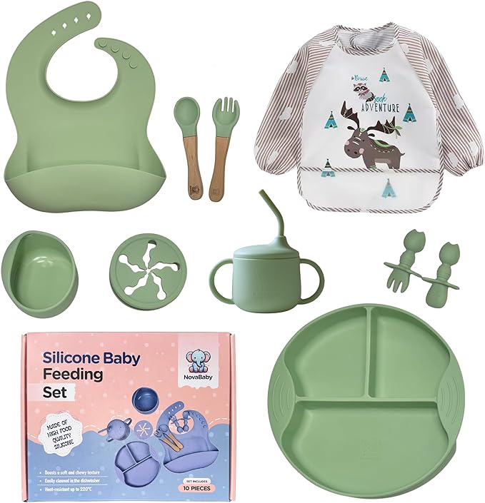 Silicone Baby Feeding Set, Eating Utensils with Suction Plate and Bowl, Baby Led Weaning Supplies, Toddler Self Feeding Dish Set, Waterproof Bib, Baby Feeding Essentials, Spoon 10pcs (Green)