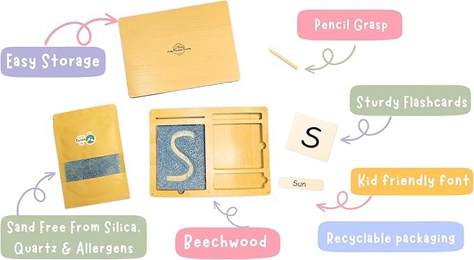 Montessori Sand Tray for Kids 3 4 5 6 Years Old Sand Writing Tray Learning Sensory Toy Educational Alphabet and Phonic Words Comes with Sand, Tray, Lid, 2 Sets of Flashcards, Stylus (Dark Blue)