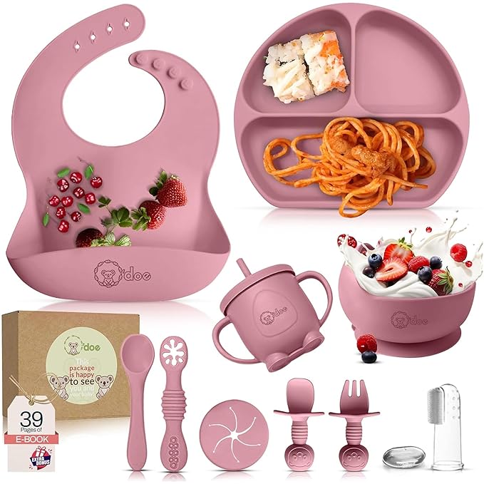 o'doe 11-Piece BPA-Free Silicone Baby Feeding Set | Thick & Soft Suction Plates, Baby Bowls, Wooden Fork & Spoon, and More | Make Mealtime Fun and Easy for Your Little One (Rose, V1)
