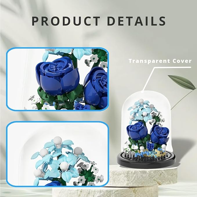 Blue Rose Flowers Micro Bricks Building Set with Dust Cover,Artificial Flowers Botanical Collection for Home Decor, Creative Gifts for Adults Women Boys Girls,270 Pieces