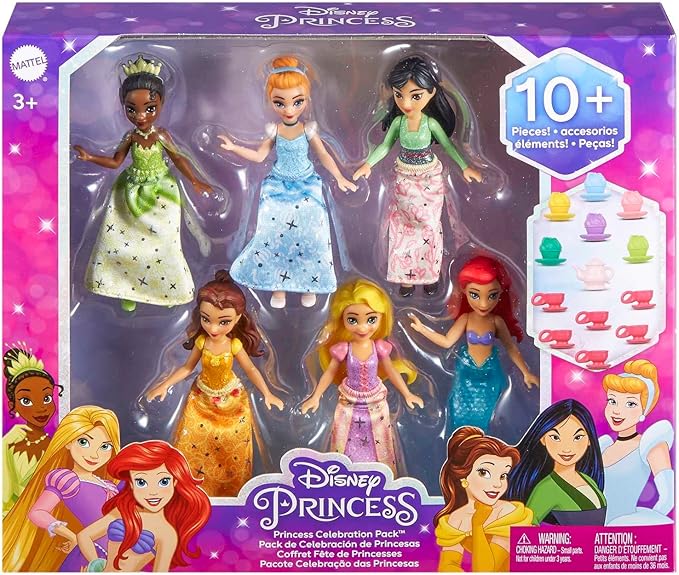 Mattel Disney Princess Toys, Small Doll Party Set with 6 Posable Princess Dolls in Sparkling Clothing & 13 Tea Time Accessories