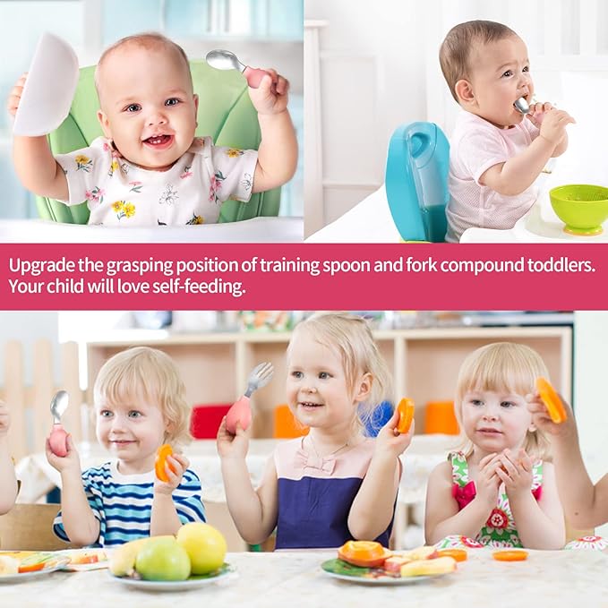 Deejoy Toddler Utensils, Toddler Spoons and Forks, Stainless Steel Spoon Toddler Silverware Set, Kids Silverware Self Feeding Flatware Set with Travel Safe Case for Kids (Pink)