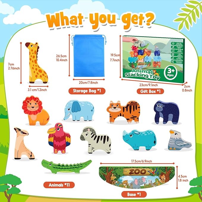 Animals Montessori Toddler Toys 2 3 4 5 6 7 Year Old Boys Girls Wooden Animal Blocks Stacking Toy Kids Easter Birthday Gifts for Boy Girl Age 3-7 Educational Toys Fine Motor Balance Game
