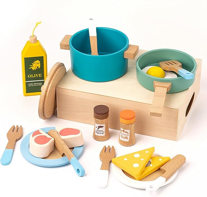 Wooden Play Kitchen Accessories for Toddlers, Kids Pretend Play Pots and Pans Food Dishes Utensils Cooking Toy Set, 20 Pieces Montessori Kitchen Tools Gifts for Boys Girls Ages 3 4 5 6 Years Old