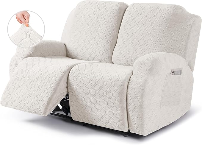 VANSOFY Recliner Cover, 2-Pieces Stretch Reclining Couch Cover with Pockets Loveseat Sofa Slipcovers Soft Washable Furniture Protector for Dogs Cats(Off White)