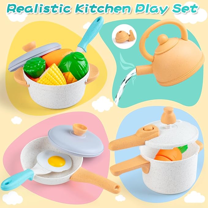 Sundaymot Play Kitchen Accessories Toddler Pretend Cooking Play Pots, with Apron, Toys Pots and Pans, Dishes Cookware Toys, Pre School Learning Educational Toys, Birthday Gifts for Boys and Girls