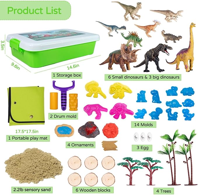 Dinosaur Sensory Bin Sandbox Toys, Dinosaur Play Sand Kit for Toddlers Kids Sensory Sand Toys, Sensory Bins for Toddlers 1-3-4, 2.2lbs of Magic Sand Dino Figures Sand Molds, Kids Gifts for Boys Girl