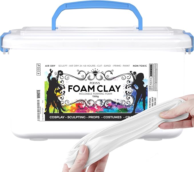 Pixiss White Modeling Foam Clay - Premium White Foam Air Dry Clay Cosplay Foam for Costumes, 1500 Gram Sculpting Clay for Crafts - Flexible Air Drying Clay Foam (White)
