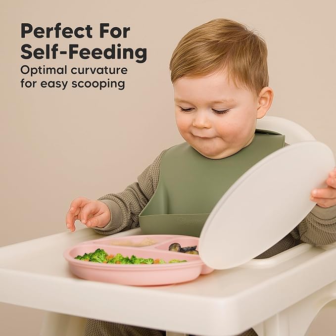 KeaBabies Suction Plates with Lids for Baby - 3-Pack 100% Silicone Suction Plates for Baby, Kids,Toddler Plates,Divided Baby Plates with Suction,Lids, BPA-Free, Microwave, Dishwasher Safe (Macaron)