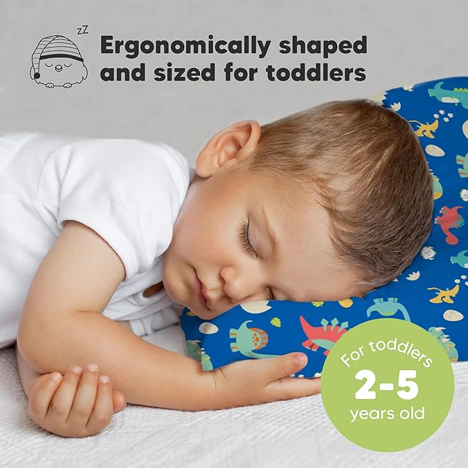Toddler Pillow with Pillowcase - 13x18 My Little Dreamy Pillow, Organic Cotton Toddler Pillows for Sleeping, Kids Pillow, Travel Pillows, Mini Pillow, Nursery Pillow, Toddler Bed Pillow (DinoWorld)