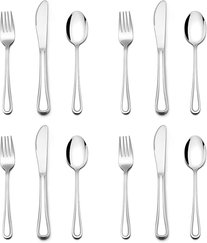 E-far 12-Piece Kids Silverware, Stainless Steel Toddler Kids Utensils Safe for Preschooler/Children, Includes 4 Forks 4 Spoons 4 Knife, Slimline Adult Look & Small Size, Rust Free & Dishwasher Safe
