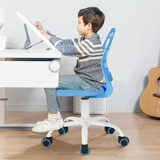 FurnitureR Kids Desk Chair, Small Office Chair Armless Adjsutable Swivel Task Chair with Soft Cushion for Study Kids Teens Child, Blue