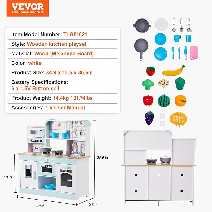 VEVOR Wooden Play Kitchen Toy, Play Kitchen for Kids with Lights and Sounds, Toddler Kitchen with Ice Maker, Oven, Sink, Microwaves, Fridge and Utensil and Fruit Accessory for Toddlers Ages 3-8, White