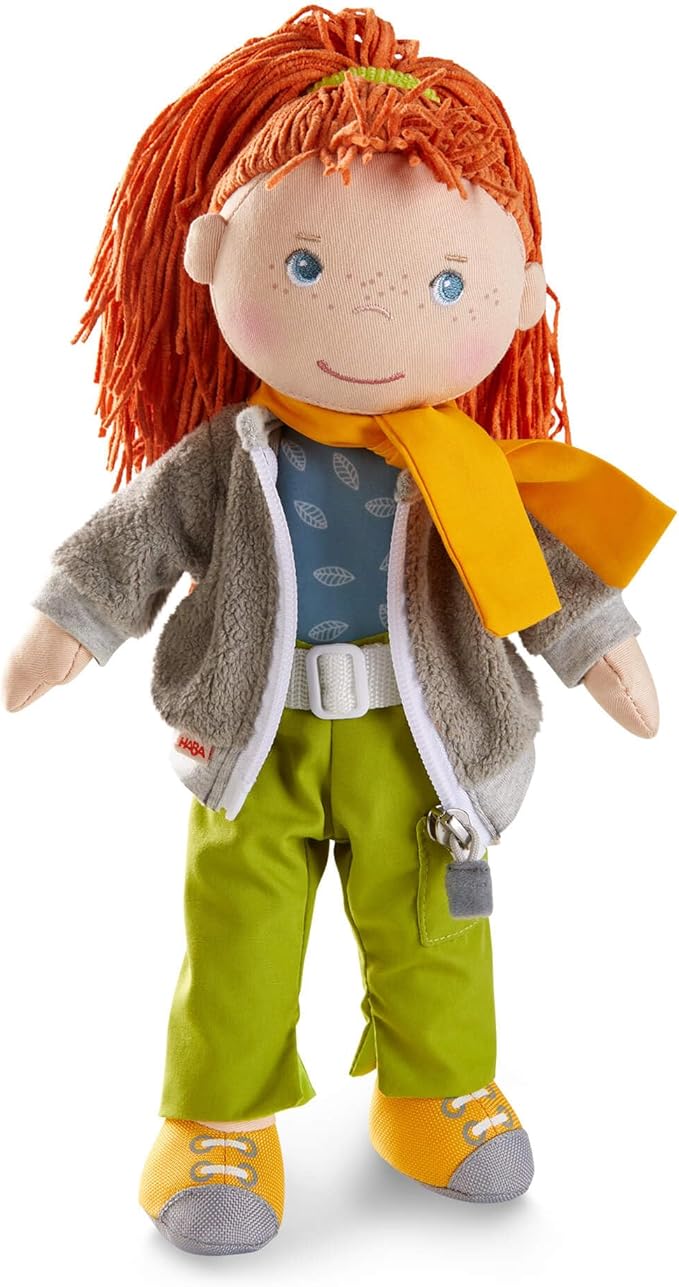 HABA Soley 12" Soft Doll with Red Hair, Embroidered Face, Removable Pants and Jacket - Machine Washable for Ages 18 Months +