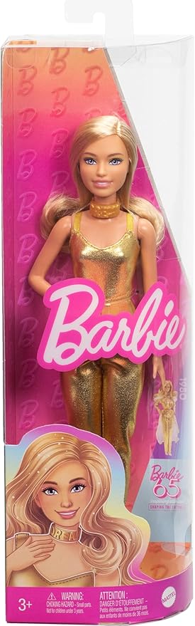 Barbie Fashionistas Doll #222, Petite Body Type with Blonde Wavy Hair, Golden Jumpsuit & Accessories, 65th Anniversary Collectible Toy