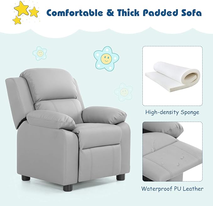 Kids Recliner, Leather Lounge Chair w/Footrest, Armrest, Headrest & Lumbar Support, Ergonomic Toddler Sofa Armchair for Boys Girls (Gray)