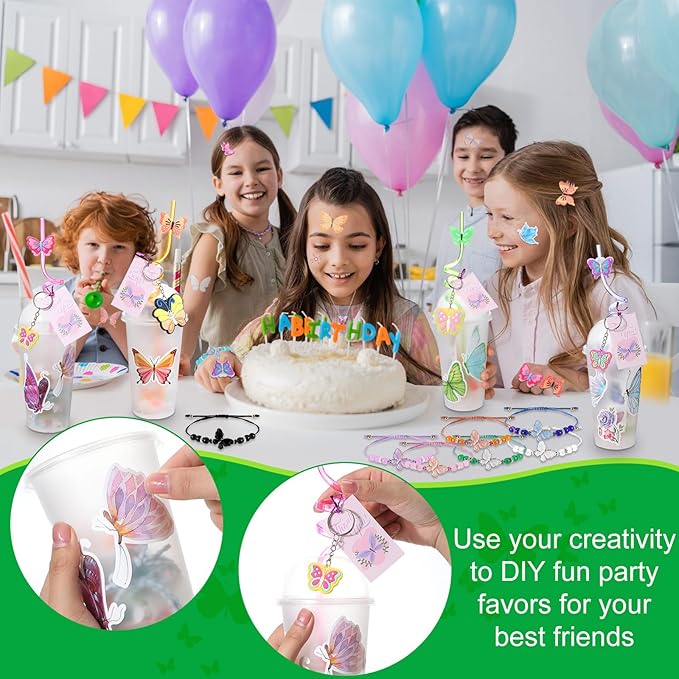 Ecally 211 Pcs Butterfly Party Favors for Girls with Butterfly Keychain Hairpins Stickers Bracelet Ring Necklace Tattoo Reusable Straws Plastic Cups with Dome Lids Tag for Kids Fairy Birthday Gift