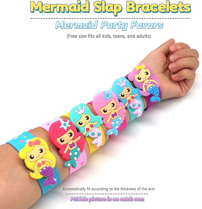 Silicone Mermaid Slap Bracelets - Cute Mermaid Theme Birthday Party Favors , Girls Party Favors Gifts Carnival Prizes Set （6 Pack