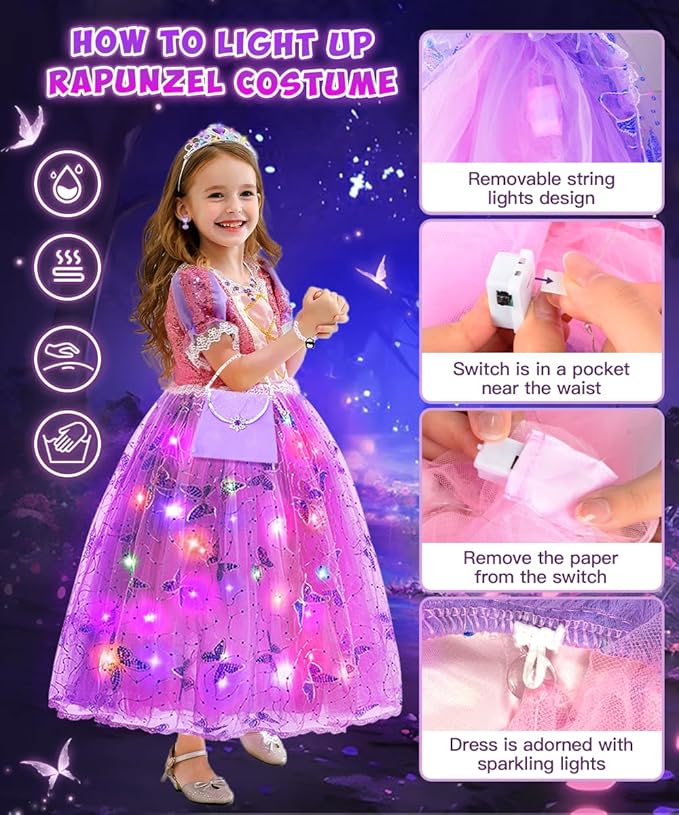 TOLOYE Princess Dress Up for Girls, Princess Costume for Girls Light Up with Accessories for Halloween Carnival Cospaly
