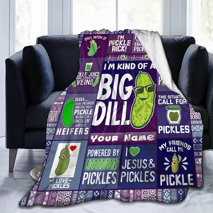 Custom Pickle Blanket with Name for Women Men, Personalized Cute Pickle Themed Design Printed Throw Blankets for Teens Adults Couch Bed, Giftable Blanket, 60"x 80"