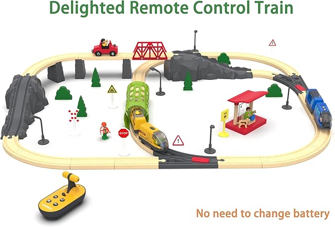 Battery Operated Train for Wooden Track, Electric Train Set Includes Remote Control Locomotive Train & Train Tunnel, Motorized Train Toy for Toddlers Compatible with Thomas, Brio, Chuggington