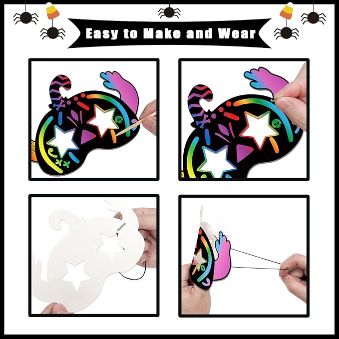PARTYWIND 32 PCS Halloween Scratch Masks, Magic Halloween Scratch Art Crafts for Kids Party Decorations, DIY Scratch Off Masks for Kids Halloween Activities Party Supplies with Pumpkin Zombie Bat