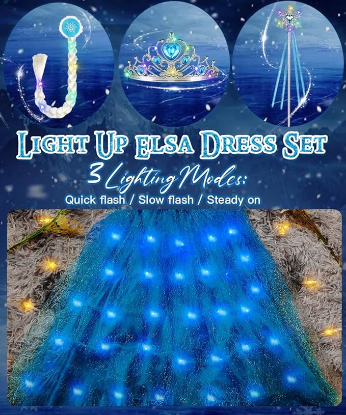 TOLOYE Princess Dresses for Girls, Light Up Elsa Anna Frozen Dress Up with Accessories for Birthday Halloween Carnival