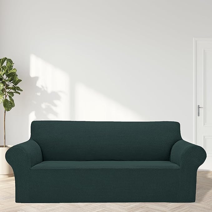 2025 New Stretch Sofa Slipcovers Couch Cover for 3 Cushion Furniture Protector Sofa Covers with Elastic Bottom Jacquard Fabric Small Checks for Pets, Kids -Sofa, Hunter