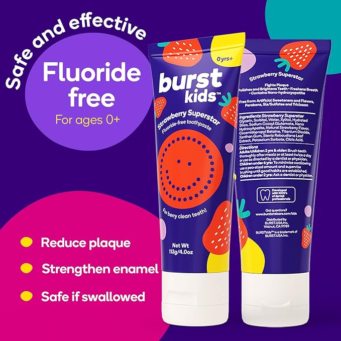 BURST Fluoride Free Strawberry Kids Toothpaste (4oz) | Great Tasting | Dye Free for Baby & Toddler Age 0+ | with Nano Hydroxyapatite