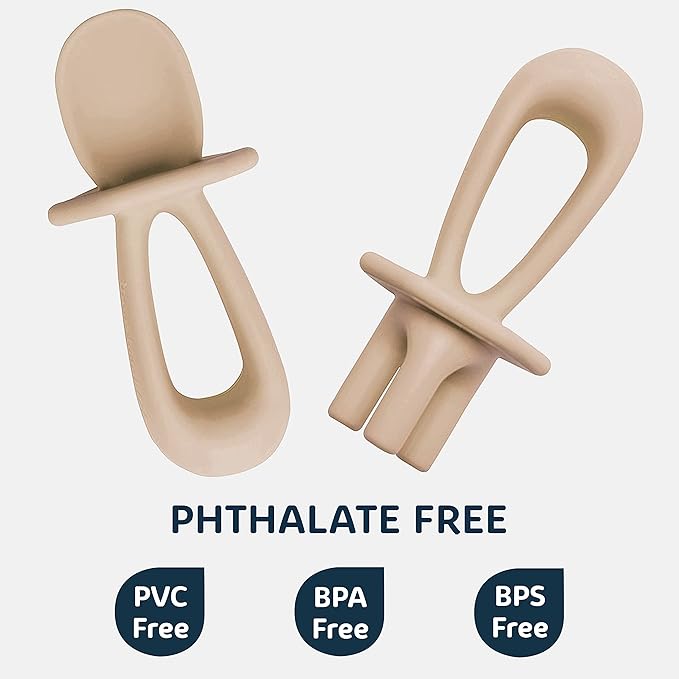 Tiny Twinkle Silicone Training Utensils - Baby Spoons and Baby Forks For Self-Feeding Training - Silicone Baby Led Weaning Utensils For Toddlers And Babies 6-24 Months - Baby Feeding Supplies (Sand)