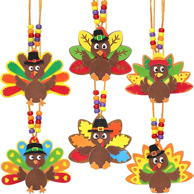WorldBazaar Turkey Craft Kits For Kids 12 Pack Thanksgiving Turkey Necklace Crafts Bulk DIY Turkey kits Thanksgiving Party Activities Game