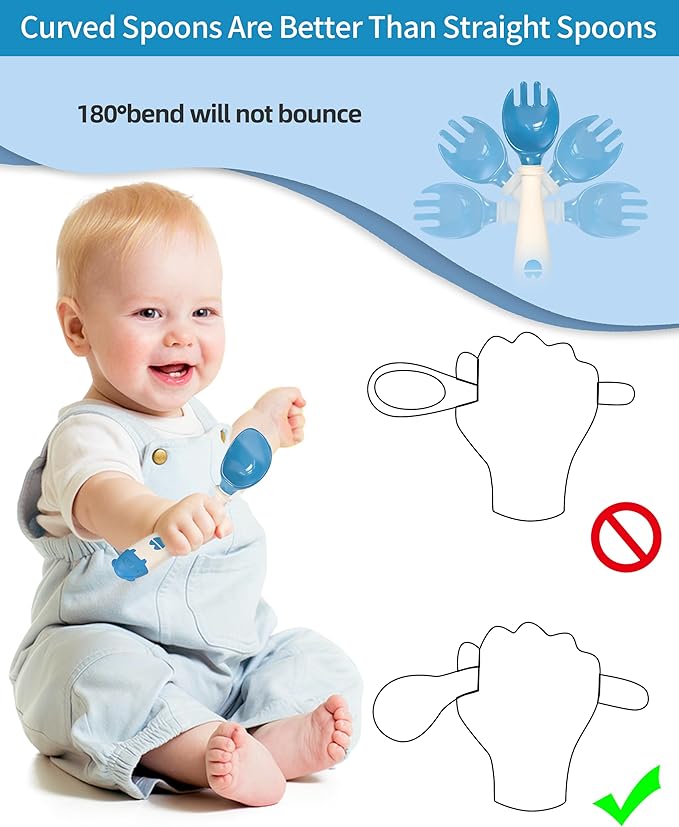 Deejoy Toddler Utensils with Travel Safe Case, Silicone Baby Spoons and Fork Set for Self Feeding, Toddlers Feeding Training Spoon, Easy Grip Heat-Resistant, Bendable Function (2 Sets, Yellow+Blue)