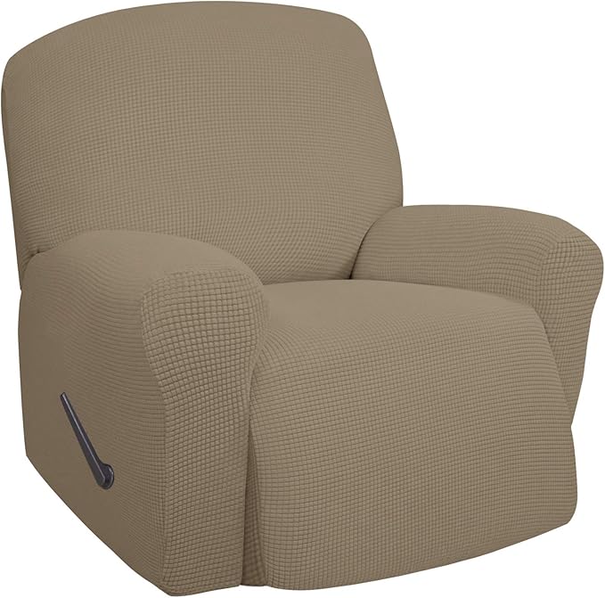 Easy-Going Recliner Stretch Sofa Slipcover Sofa Cover 1 Piece Furniture Protector Couch Soft with Elastic Bottom Kids,Polyester Spandex Jacquard Fabric Small Checks(Oversize Recliner,Natural)