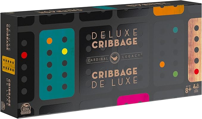 Spin Master Games Legacy Deluxe Cribbage Classic Game with Lined Wooden Case and Colored Metal Movers, Family Game for 2 to 4 Players Ages 8 and up