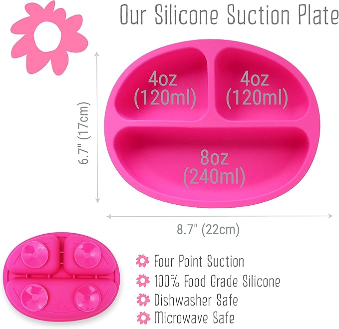 Elk and Friends Silicone Suction Plate for Babies/Toddlers + Stainless Steel Silverware Feeding Set | Divided Plate | Suction Design | Forks + Spoons Included | 3 Pack