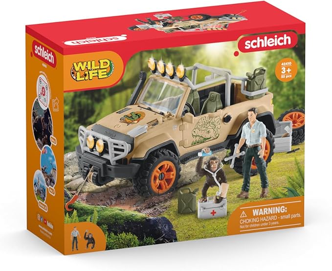 Schleich Wild Life Realistic Chimpanzee, Jeep Truck, and Ranger Figurine 16pc Playset - Wild Adventure Jeep Truck with Chimp, Ranger, and Accessories, Durable for Boys and Girls, Gift for Kids Ages 3+