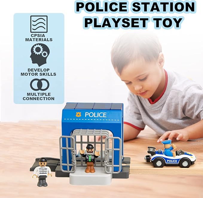 Police Station Playset Toy for Wooden Train Track,Creative City Police Scenes Pretend Play Toy Vehicles Train Accessory Preschool Learning Educational Toys for Toddlers Kids