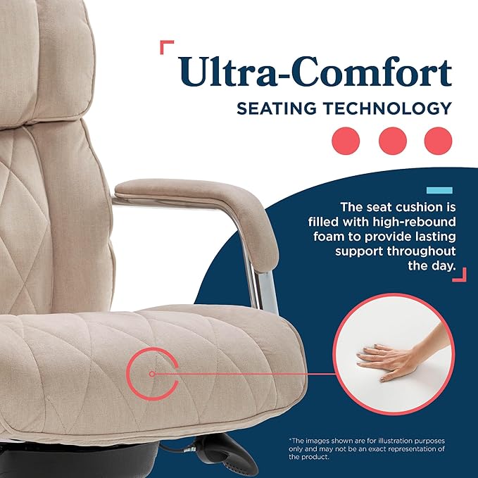 La-Z-Boy Sutherland Quilted Leather Executive Office Chair with Padded Arms, High Back Ergonomic Desk Chair with Lumbar Support, Cream Microfiber Fabric