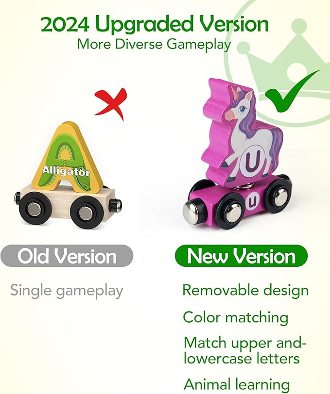 Vanmor Wooden Train Set for Toddlers - Snap-Connection Animal Trains, Magnetic Alphabet Train Learning Toys, STEM Preschool Toys, ABC and Animal Play Set for Kids Ages 3-5