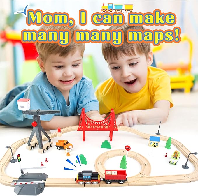 WOOD CITY Wooden Train Set, 56-Piece Deluxe Kids Toy Train Set for 2 3 4 5 Year Old Boy, Cargo-Themed Train Track with Tower Crane & Suspension Bridge - Fits Thomas Brio Chuggington Melissa Orbrium