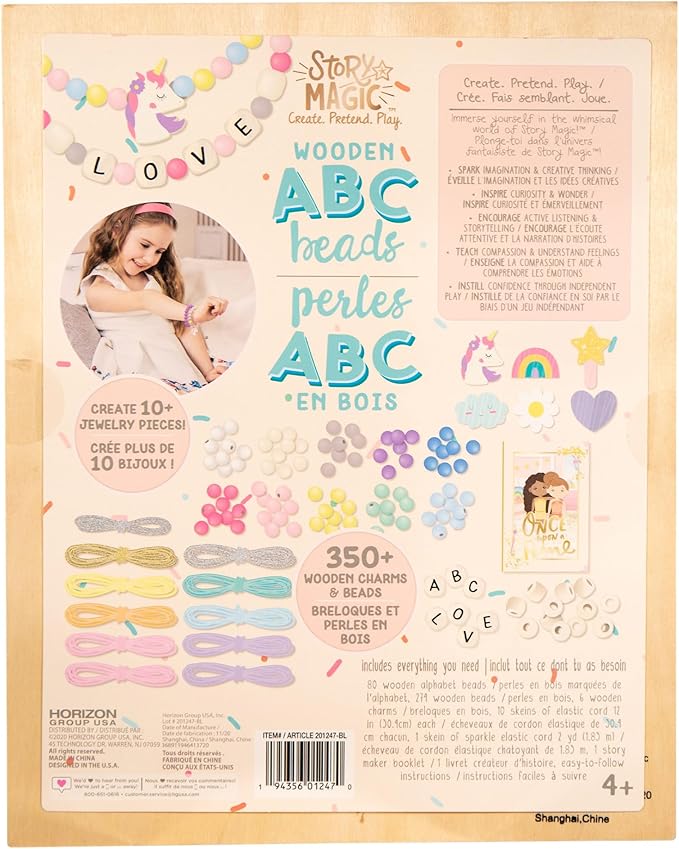 Story Magic Wooden ABC Beads by Horizon Group USA, Premium Wood Jewelry Making Kit, Makes 10+ Pieces of Jewelry, Over 350 Wooden Beads & Charms