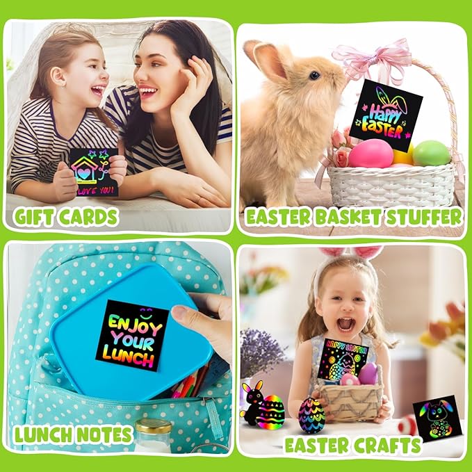 ZMLM Rainbow Scratch Paper Art Mini Notes Easter Basket Stuffers for Kids Teens Gifts Ages 4-8 Bulk Craft Supplies for Girls Boys Birthday Classroom Party Games Toy Stocking Stuffers
