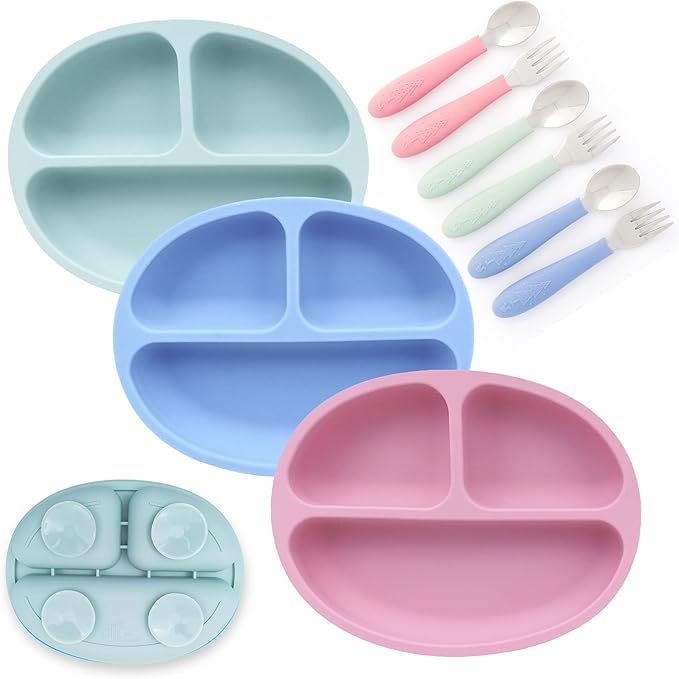Elk and Friends Silicone Suction Plate for Babies/Toddlers + Stainless Steel Silverware Feeding Set | Divided Plate | Suction Design | Forks + Spoons Included | 3 Pack