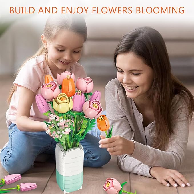 Flowers Bouquet Building Set - Christmas, Mother's Day, Valentine's, or Birthday Gift Ideal for Adult, Women, Girls and Boys, Compatible with Lego Flower, Tulips Toy Building Block with Vase(1011 PCS)