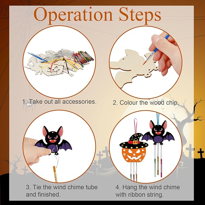 9 Pack Halloween Wind Chime Kit for Kids,Halloween Craft Kits Wooden Wind Chime Decorative Hanging Ornaments DIY Painting Craft for Boys Girls Family Activities Halloween Party Supplies