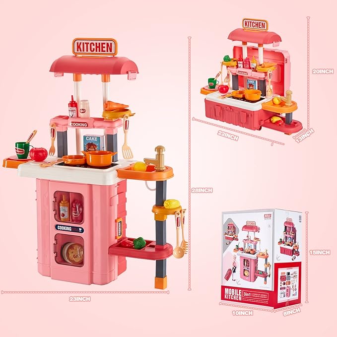 3 in 1 Play Kitchen for Toddlers-GEIYATOI,Kids Kitchen Playset with Travel Suitcase, 50 PCS Toy Kitchen Set,Realistic Cooking Accessories,Sounds,Light,Running Water,Great Kitchen Set for Toddlers