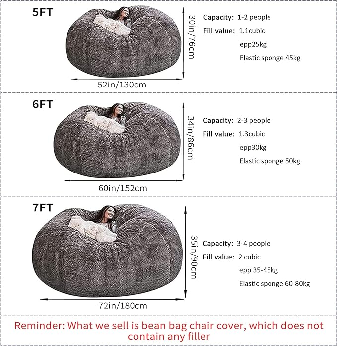 Big Huge Giant Bean Bag Chair for Adults, (No Filler) Bean Bag Chairs in Multiple Sizes and Colors Giant Foam-Filled Furniture - Machine Washable Covers, Double Stitched Seams (Gray 1,6FT)